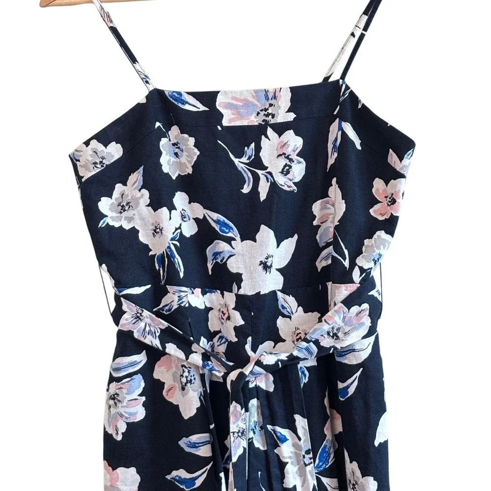 Banana Republic Floral Linen Jumpsuit Navy Blue Size 2 Petite Wide Leg Tie-Waist
